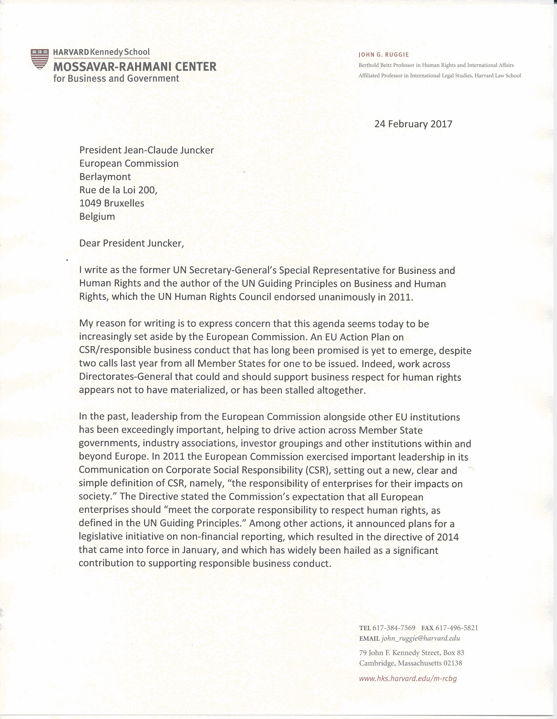 John Ruggie Letter to European Commission President Jean-Claude Juncker