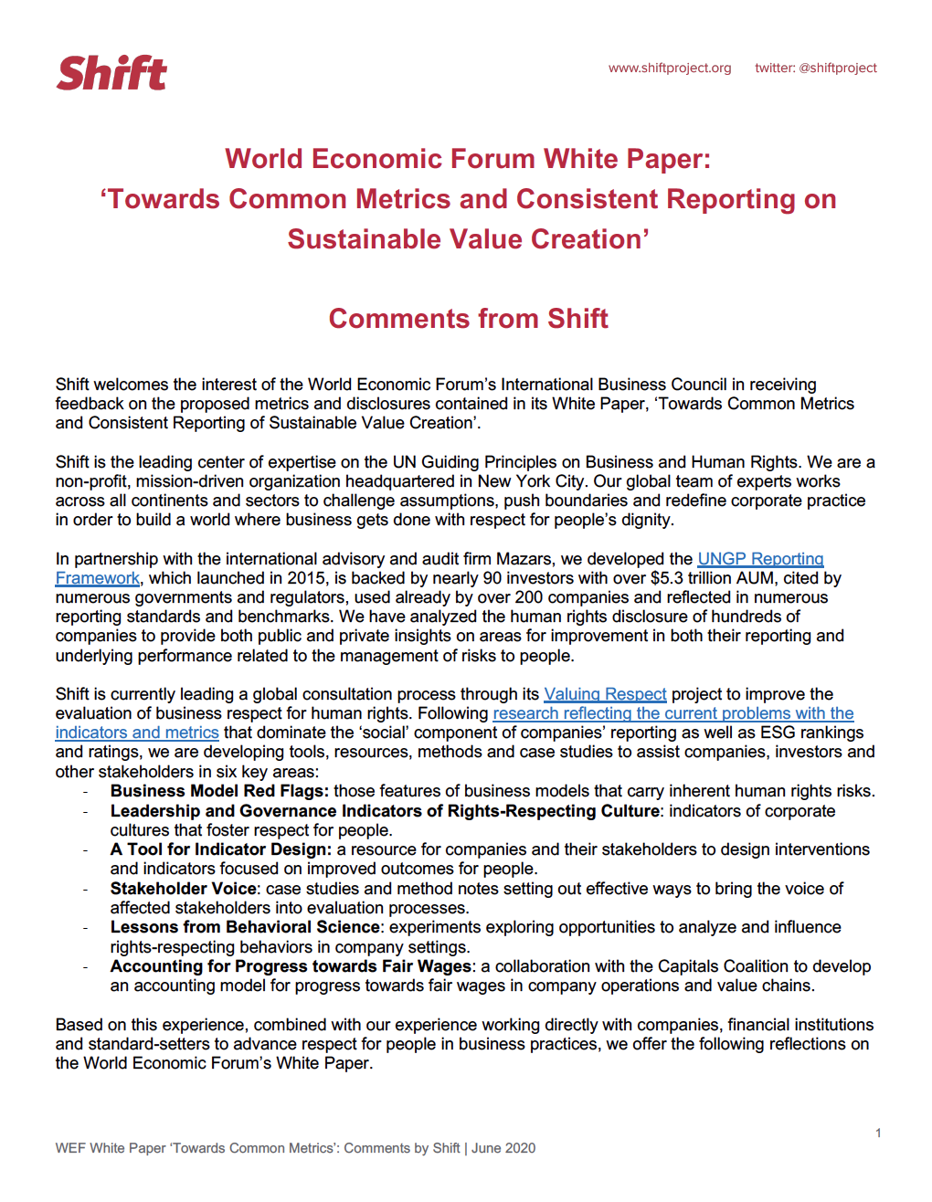 Reflections offered by Shift on the World Economic Forum’s White Paper