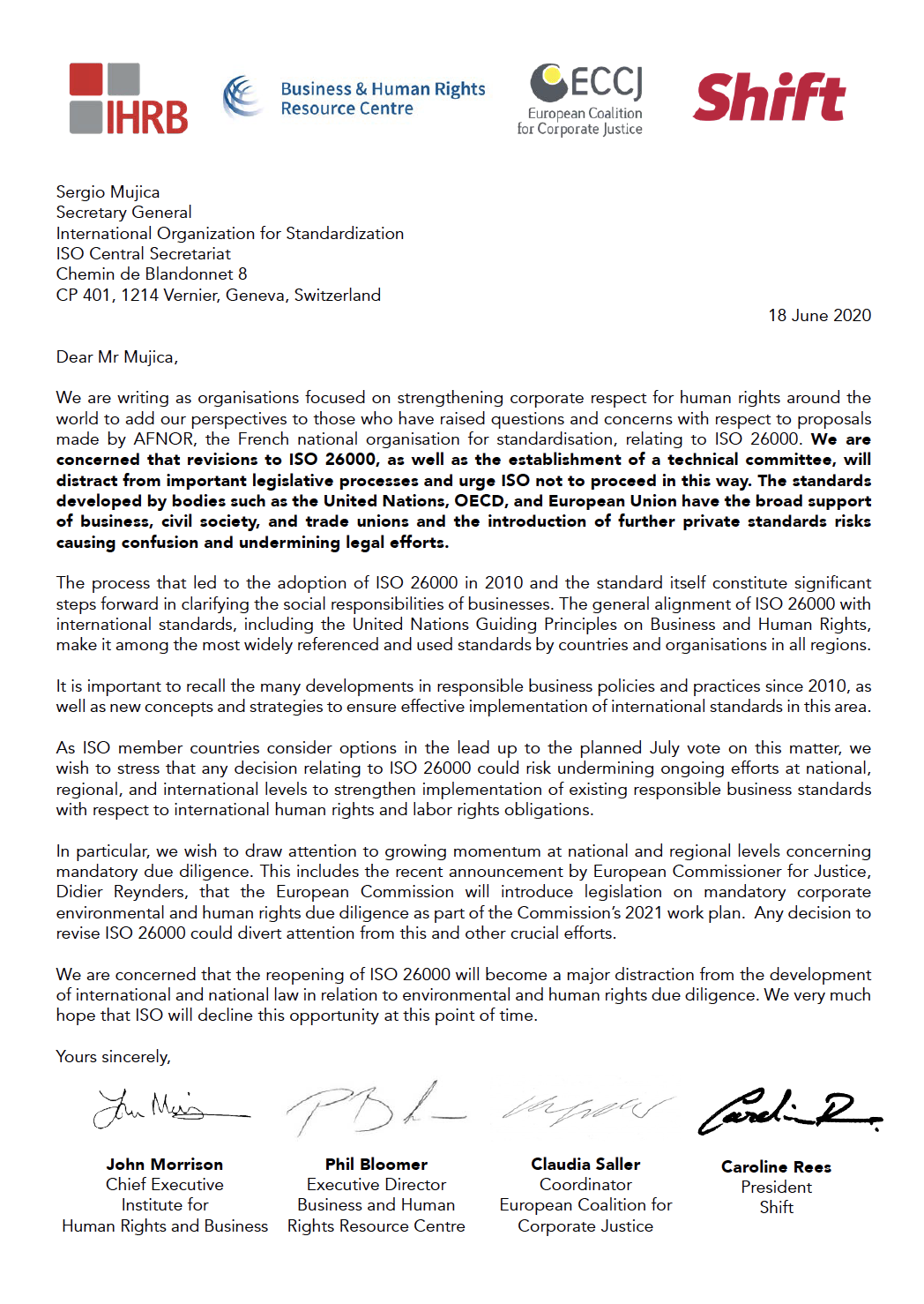 Letter to the Secretary-General of ISO on the proposals to revise ISO 26000