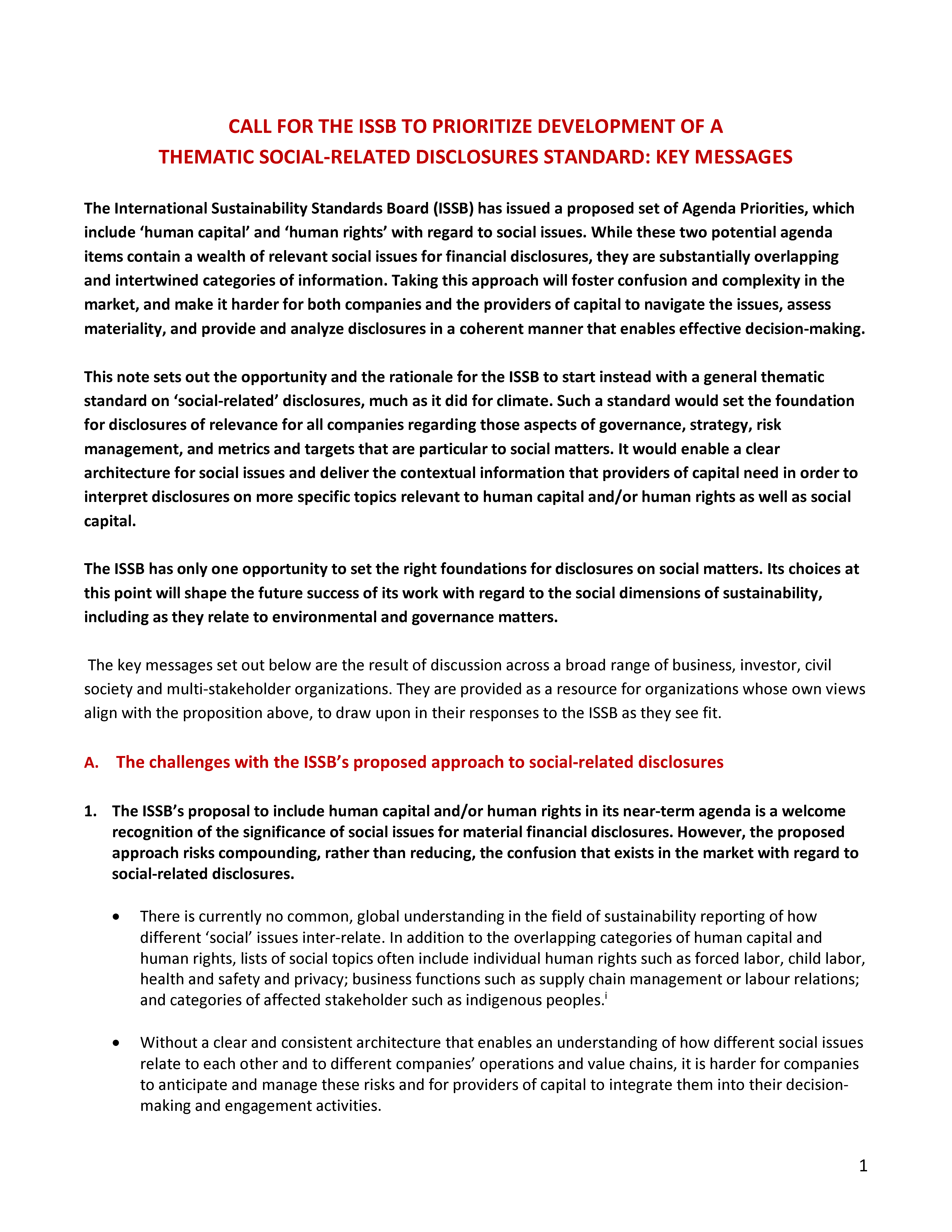 Call for the ISSB to prioritize development of a thematic social-related disclosures standard