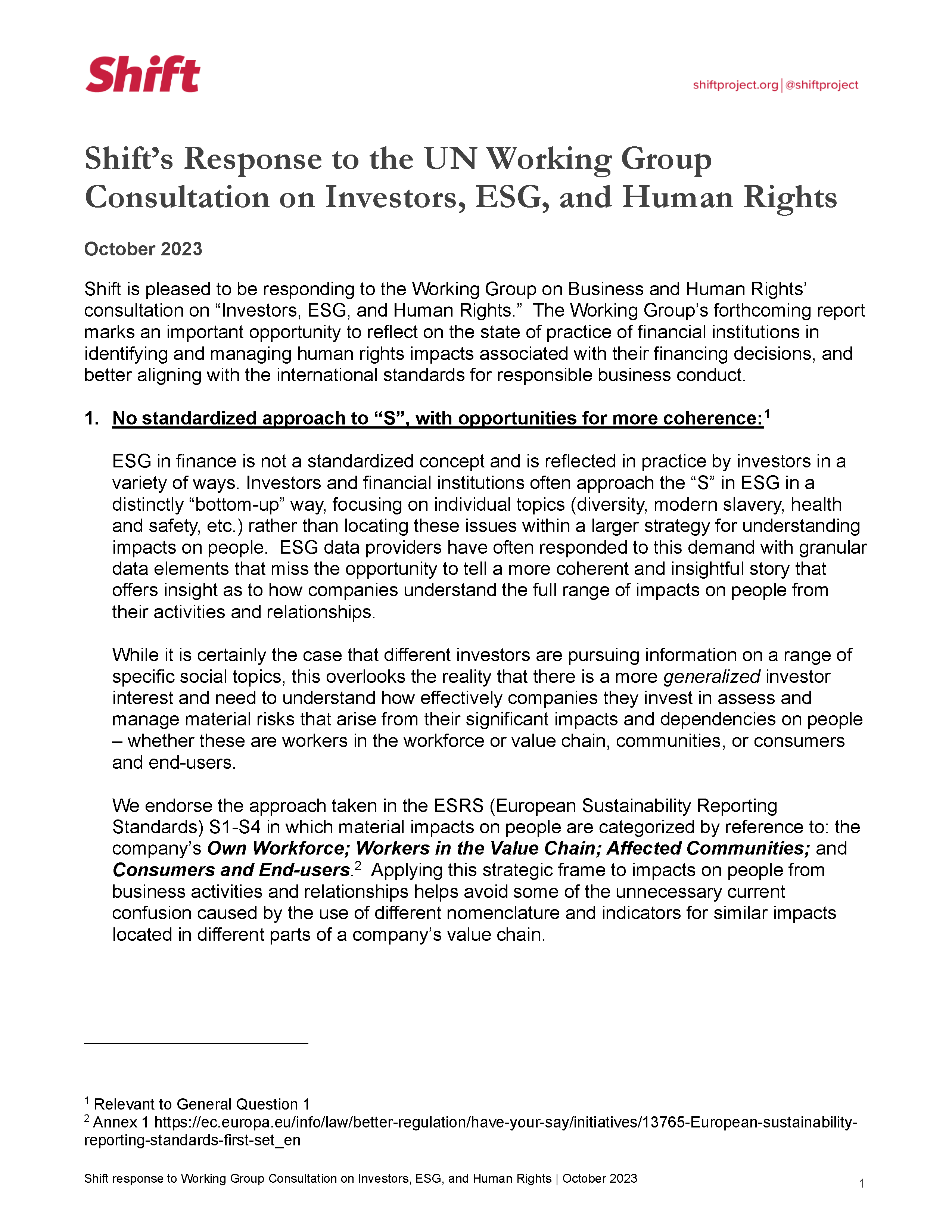 Shift’s Response to the UN Working Group Consultation on Investors, ESG, and Human Rights