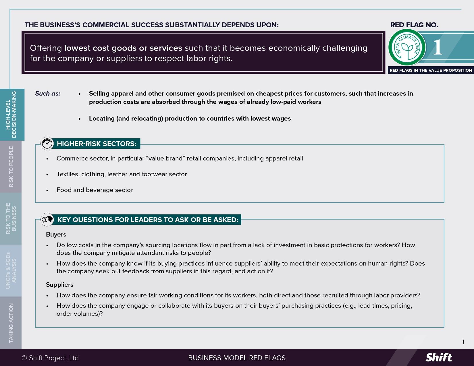 Red Flag 1. Lowest cost goods or services in ways that put pressure on labor rights